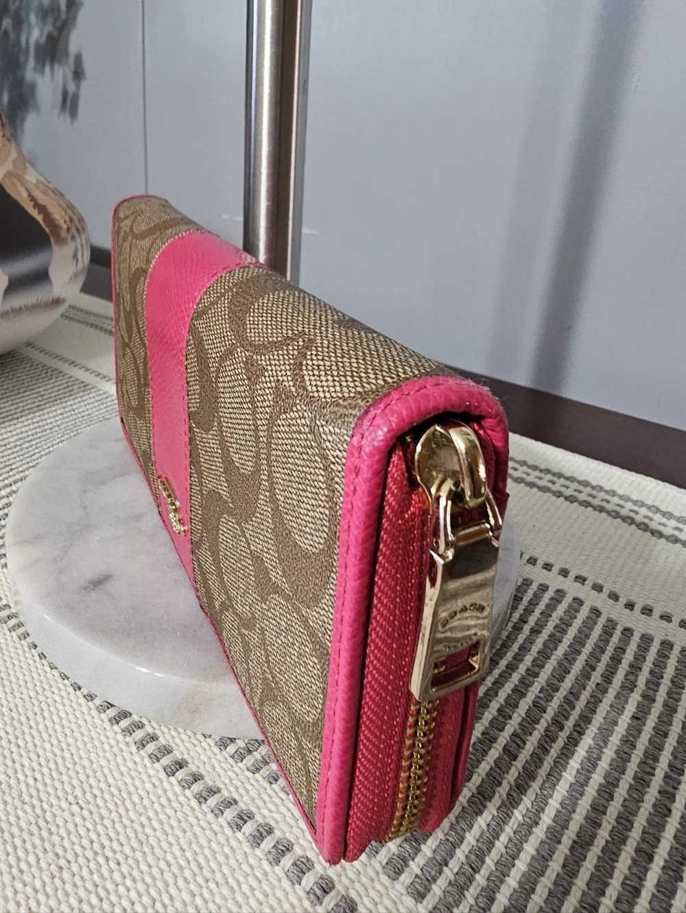 Coach Signature Canvas Wristlet with Pink Trim